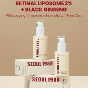 The K-SECRET SEOUL 1988 Retinal Serum is a popular Korean anti-aging treatment featuring 2% retinal liposome and 58% black ginseng extract. 30ml