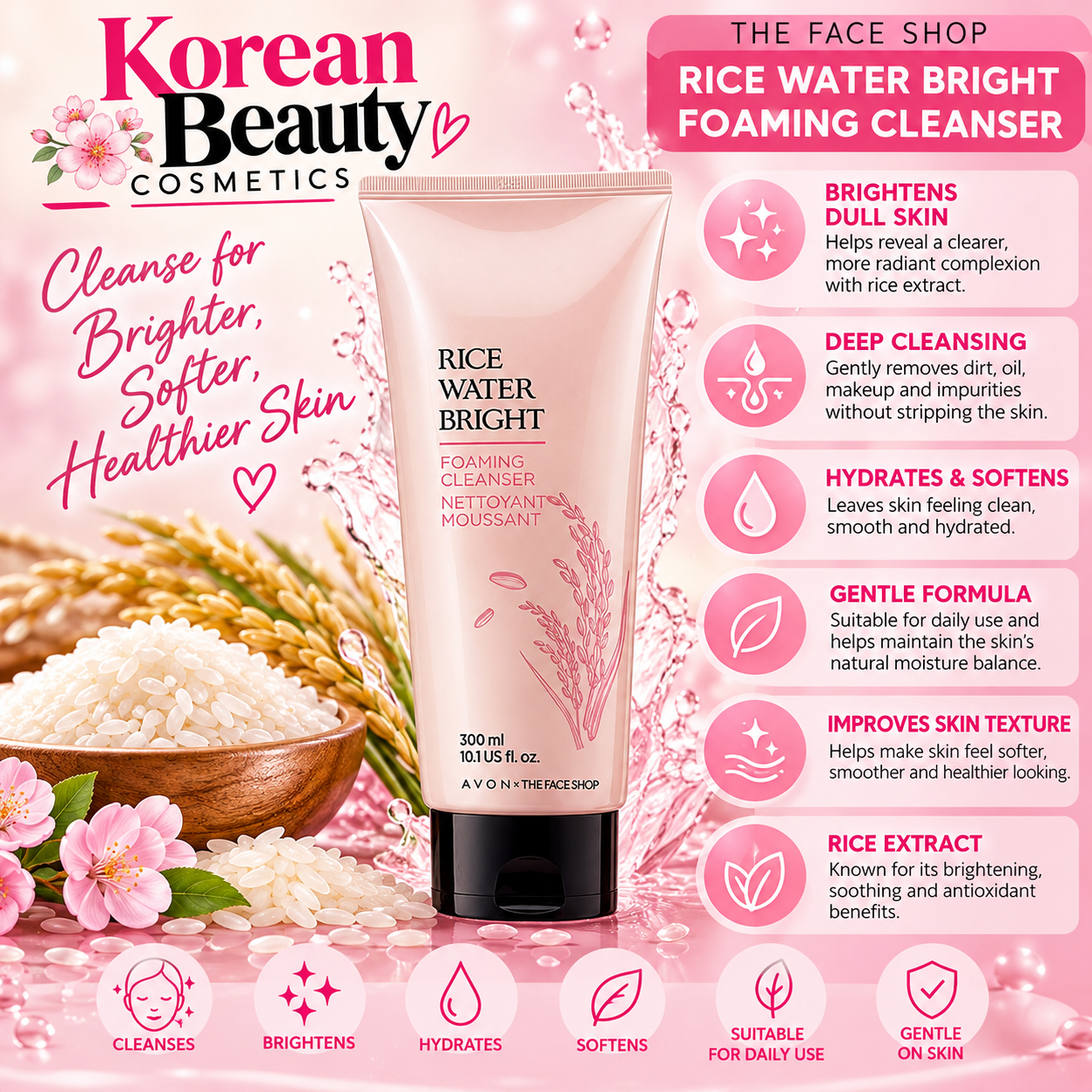 THE FACE SHOP Rice Water Bright Cleansing Foam 300ml Brightening Face Wash