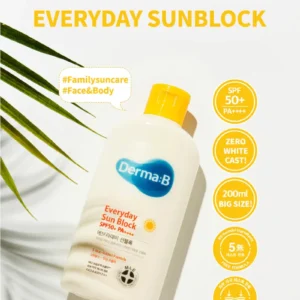 Derma B Everyday Sun Block SPF50+ PA++++ is a popular, family-friendly Korean sunscreen designed for both the face and body. 200mL